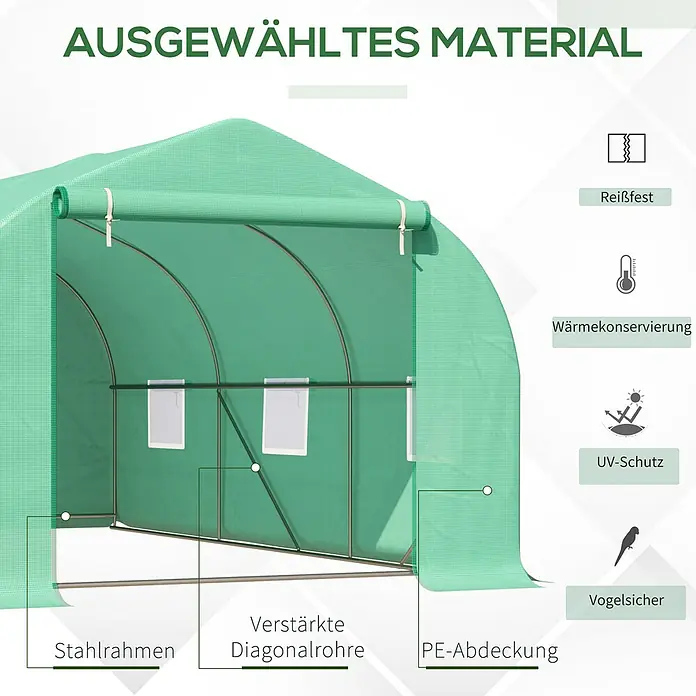 Outsunny Gewächshaus Wasserdicht und UV-beständig - Außenmaß inkl. Dachüberstand (B x T): 300 x 450 cm, Material Seitenwand: Kunststoff, 3 mm, Silber