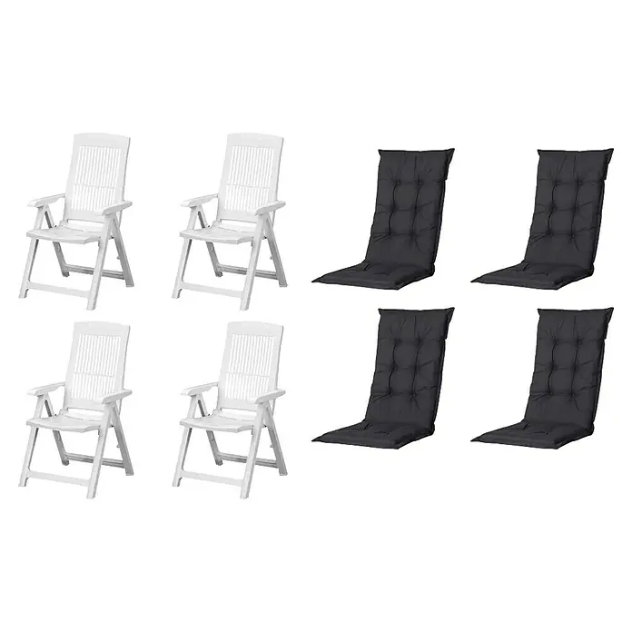Progarden Gartenstuhl-Set Tampa - 8 Stk., Polypropylen, Polyester, Baumwolle, Weiß/Schwarz, B x T x H: 61 x 60 x 109 cm - Zwei weiße, klappbare Gartenstühle und vier anthrazitfarbene Stuhlkissen.
