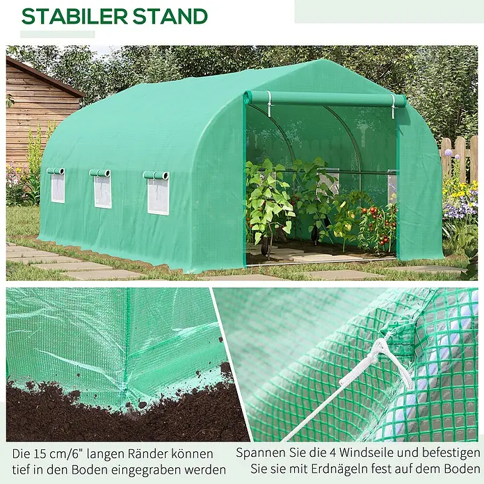 Outsunny Gewächshaus Wasserdicht und UV-beständig - Außenmaß inkl. Dachüberstand (B x T): 300 x 450 cm, Material Seitenwand: Kunststoff, 3 mm, Silber