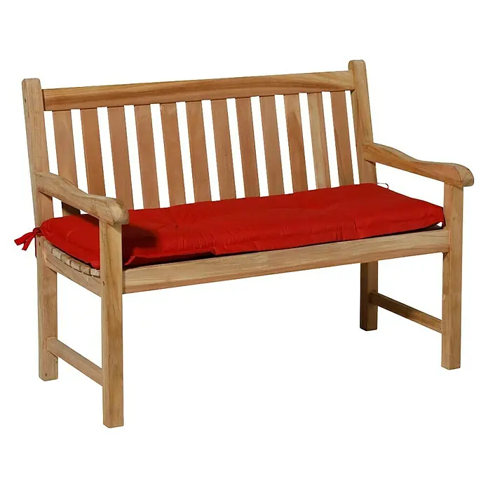 Madison Bankauflage - Rot, L x B: 120 x 48 cm - Helle Holzgartenbank mit Lattenrücken und Sitzfläche, dazu ein rotes Polster mit Bändern.