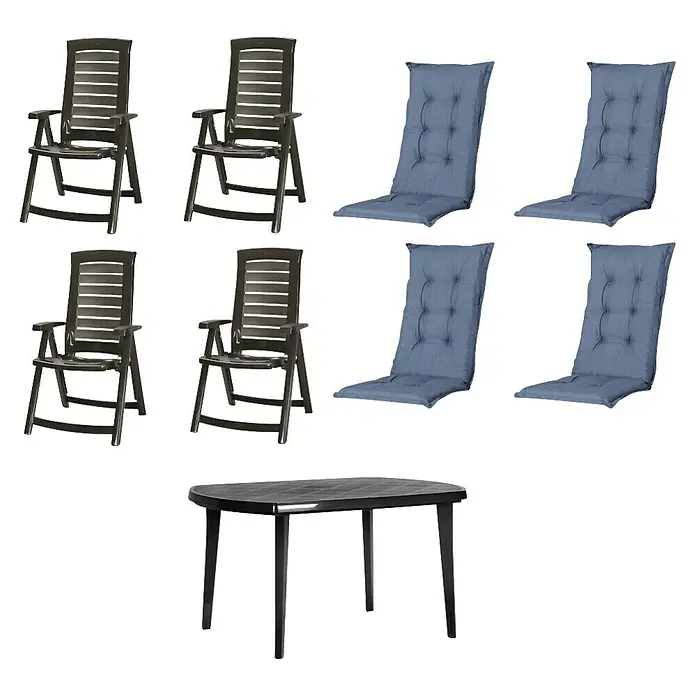 Progarden Gartenmöbel-Set Aruba/Elise - 9 -tlg., Polypropylen, Polyester, Baumwolle, Kobaltblau - Set aus vier dunklen Gartenstühlen, vier blauen Auflagen und einem ovalen Gartentisch für den Außenbereich.
