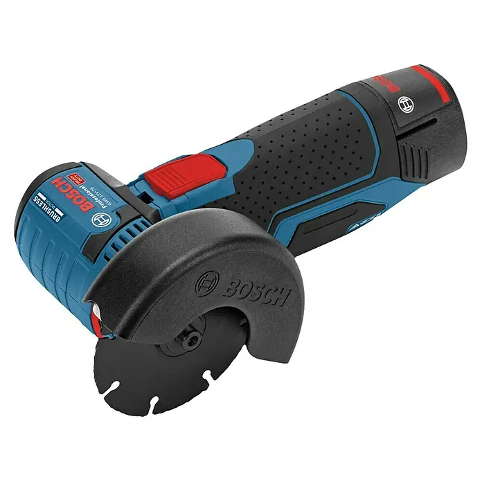 Bosch Professional Maschinen-Set GSR 12V-15 + GWS 12V-76 - 5 -tlg. - Blau-schwarzer Bosch Akku-Winkelschleifer mit Trennscheibe und Schutzhaube.