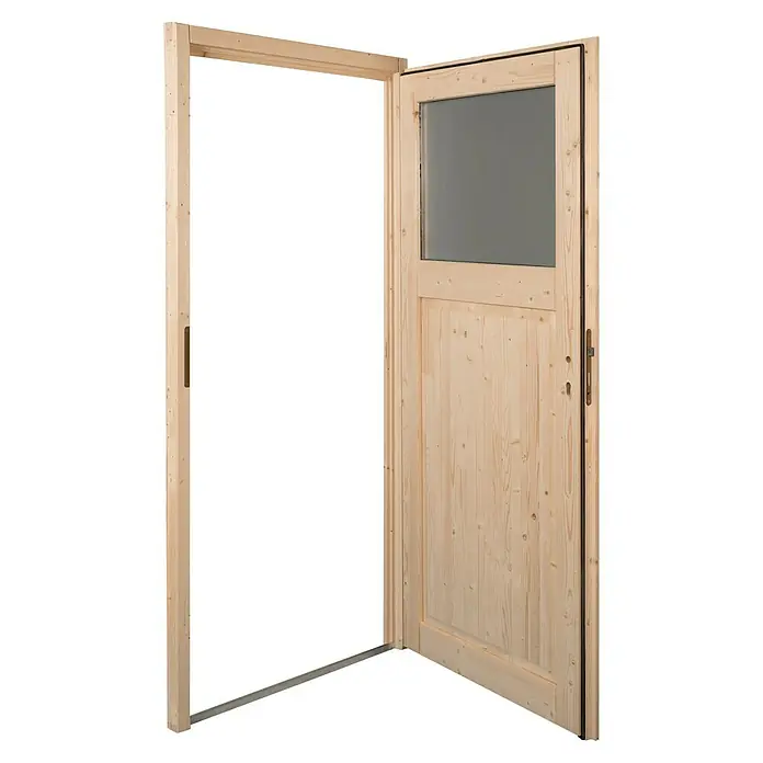 Panto Nebeneingangstür NET 501 - 98 x 198 cm, DIN Anschlag: Rechts - Teilweise geöffnete unbehandelte Holztür mit Rahmen und oberem Glaspaneel.
