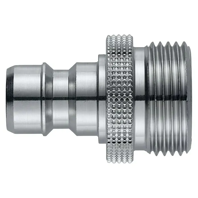 Gewindestecknippel - Außengewinde: ¾″, Durchmesser: 16,5 mm - Glänzender Metall-Schlauchadapter mit Steckanschluss, gerändeltem Griff und Außengewinde.