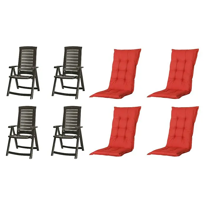 Progarden Gartenstuhl-Set Aruba - 8 Stk., Polypropylen, Polyester, Baumwolle, Rot, B x T x H: 61 x 60 x 109 cm - Vier dunkelgraue Plastik-Gartenstühle und vier rote gesteppte Sitzkissen.