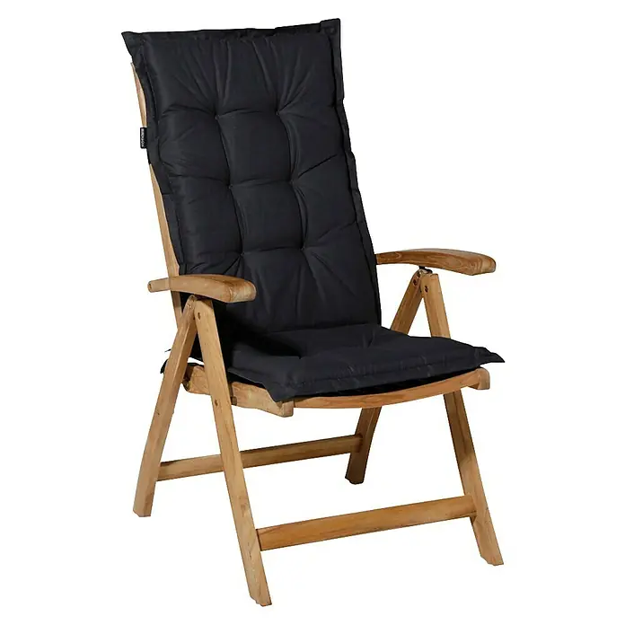 Madison Gartenmöbel-Auflage - Hochlehner, 4 Stk., L x B x H: 123 x 50 x 6 cm, Baumwolle, Polyester, Schwarz - Klappbarer Holzstuhl mit dunkelgrauem Polster.