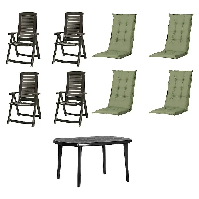 Progarden Gartenmöbel-Set Aruba/Elise - 9 -tlg., Polypropylen, Polyester, Baumwolle, Grün - Vier dunkelbraune Kunststoff-Gartenstühle und hellgrüne Kissen mit einem ovalen dunkelbraunen Kunststofftisch.