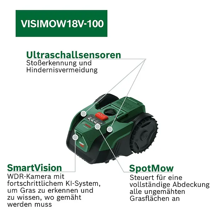 Bosch Power for All 18V Mähroboter VISIMOW 18V-100 - 100 m², Schnittbreite: 16 cm, Kamera-gestützte Navigation, Ultraschallsensorik, Ohne Akku - Grüner und schwarzer Mähroboter mit Ultraschallsensoren und SmartVision-Kamera für intelligentes Rasenmähen.