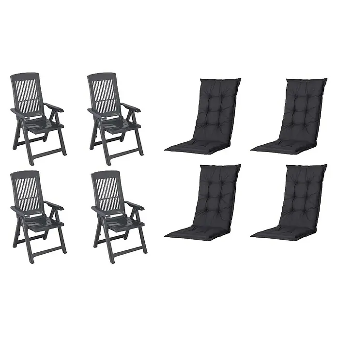 Progarden Gartenstuhl-Set Tampa - 8 Stk., Polypropylen, Polyester, Baumwolle, Anthrazit/Schwarz, B x T x H: 61 x 60 x 109 cm - Zwei graue Klapp-Gartenstühle aus Kunststoff und vier dunkelgraue gesteppte Stuhlkissen.