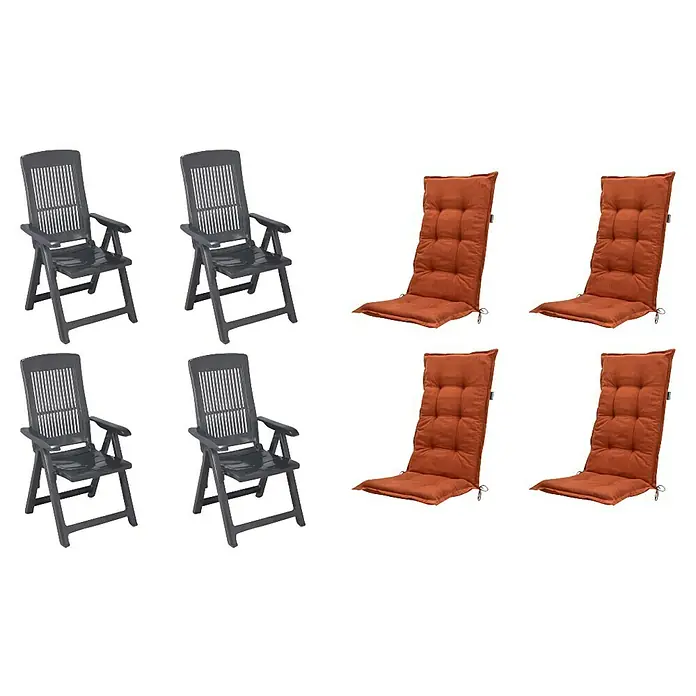 Progarden Gartenstuhl-Set Tampa - 8 Stk., Polypropylen, Polyester, Baumwolle, Anthrazit/Terra, B x T x H: 61 x 60 x 109 cm - Klappbare graue Gartenstühle aus Kunststoff und orangefarbene Hochlehner-Auflagen.