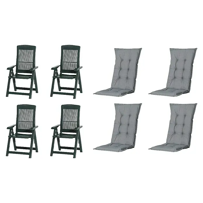 Progarden Gartenstuhl-Set Tampa - 8 Stk., Polypropylen, Polyester, Baumwolle, Grün/Grau, B x T x H: 61 x 60 x 109 cm - Vier dunkelgrüne Gartenklappstühle aus Kunststoff und vier graue Polsterauflagen für den Außenbereich.