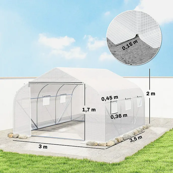 Outsunny Gewächshaus mit 6 Fenster - Außenmaß inkl. Dachüberstand (B x T): 300 x 350 cm, Material Seitenwand: Kunststoff, 3 mm, Silber