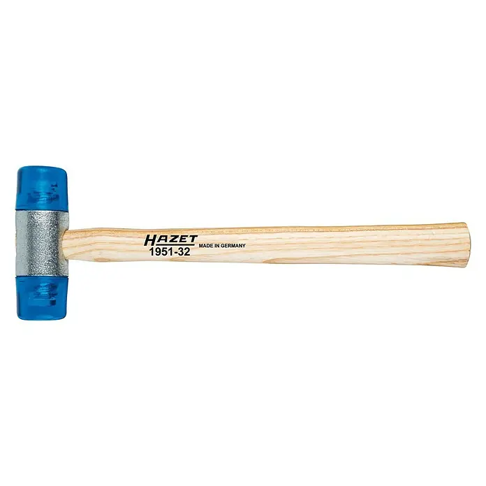 Hazet Schonhammer 1951-32 - Durchmesser Kopf: 32 mm - HAZET Schonhammer 1951-32. Der Hammer hat einen hellen Holzgriff und einen blauen Gummihammerkopf. Hergestellt in Deutschland.