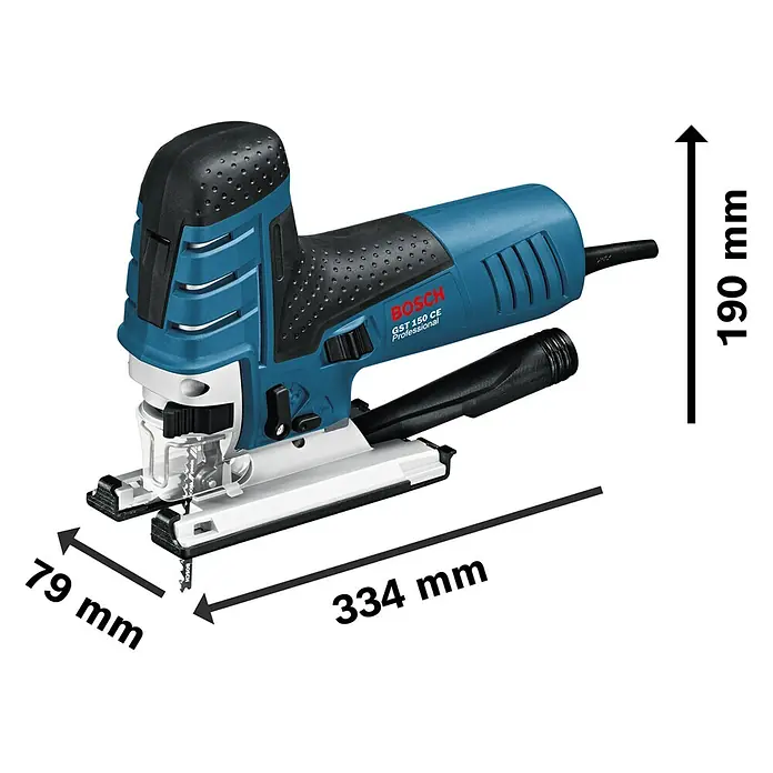 Bosch Professional Elektro-Stichsäge GST 150 CE - 500 /min - 3.100 /min - Blau-schwarze Bosch GST 150 CE Professional Stichsäge mit Maßen: Länge 334mm, Breite 79mm, Höhe 190mm.