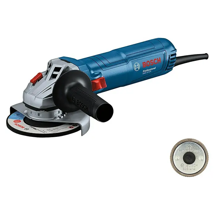 Bosch Professional Elektro-Winkelschleifer GWS 12-125 - Durchmesser Scheibe: 125 mm, Leerlaufdrehzahl: 11.000 U/min - Blaue und silberne Bosch Professional Winkelschleifer mit schwarzem Griff und Trennscheibe. Inklusive SDS-clic Schnellspannmutter.