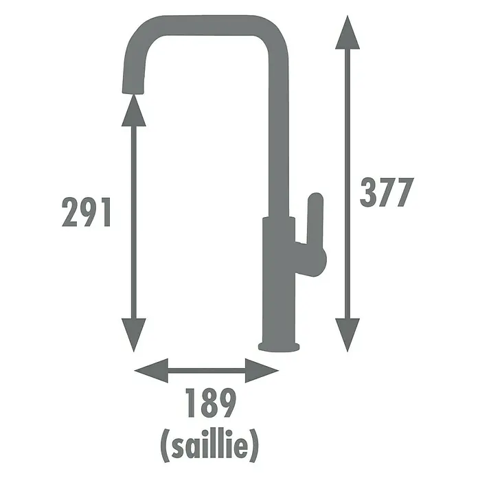 Rousseau Grifo de cocina Kanban - Negro/Oro rosa - Ilustración de un grifo de cocina con dimensiones. La altura es de 377, la proyección es de 189 y la altura al surtidor es de 291.