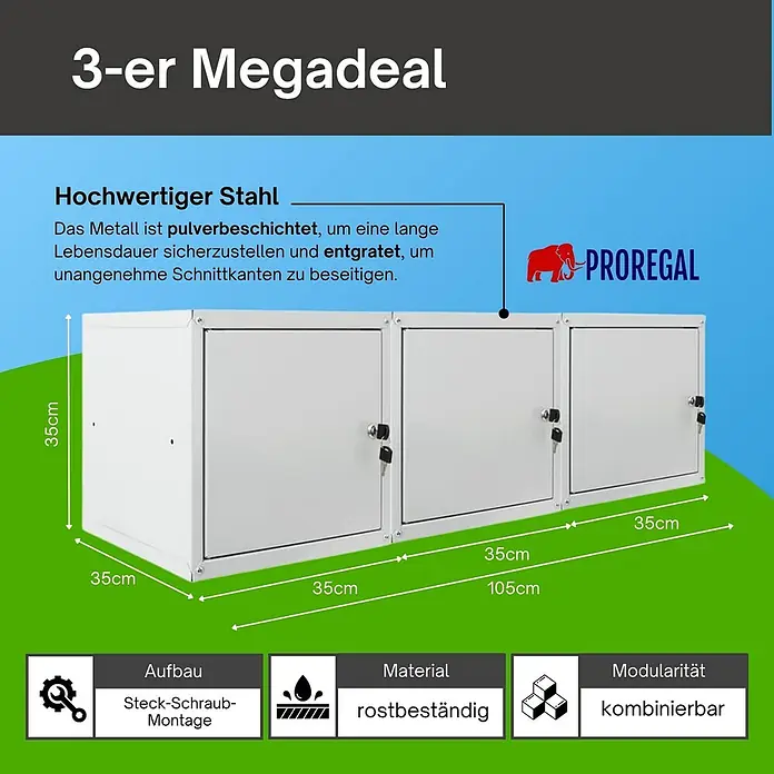 Proregal Schließfachschrank Mega Deal 3x Cubic - H x B x T: 35 x 35 x 35 cm, Grau, Zerlegt