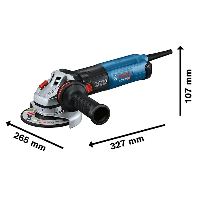 Bosch Professional Elektro-Winkelschleifer PRO GWS 17-125 SB - 1.700 W, Durchmesser Scheibe: 125 mm, Leerlaufdrehzahl: 2.800 U/min - 11.500 U/min - Blaue und schwarze Bosch Winkelschleifer mit Seitenhandgriff, X-LOCK Scheibe und Abmessungen: 327mm Länge, 107mm Höhe, 265mm Breite.