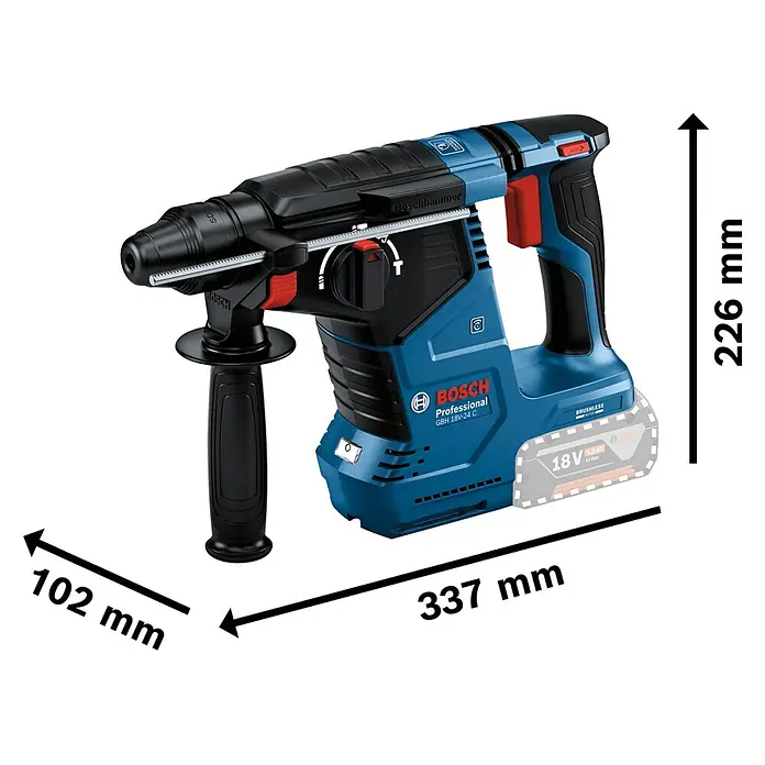 Bosch Professional AMPShare 18V Akku-Kombihammer GBH 18V-24 C - 18 V, Ohne Akku, 2,4 J - Blauer und schwarzer Bosch Professional Akku-Bohrhammer mit 18V Akku, Abmessungen werden angezeigt.