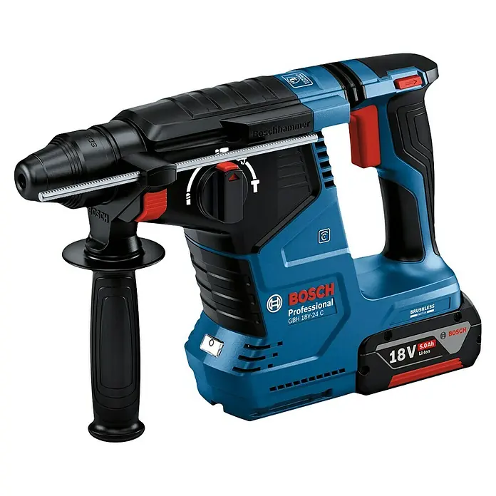 Bosch Professional AMPShare 18V Akku-Kombihammer GBH 18V-24 C - 18 V, 2 Akkus, 2,4 J - Blauer und schwarzer Bosch Akku-Bohrhammer GBH 18V-24 C mit 18V 5.0Ah Li-Ion Akku.