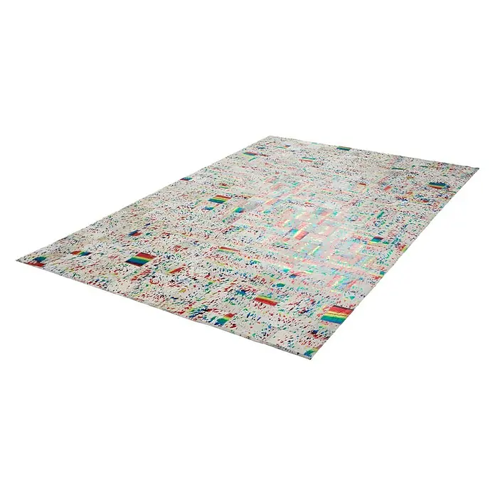 Kayoom Lederteppich Rocket - Multi, 230 x 160 cm, 100 % Leder - Ein rechteckiger Teppich mit einem Muster aus bunten Farbklecksen und Regenbogenstreifen, der auf einem weißen Hintergrund liegt.