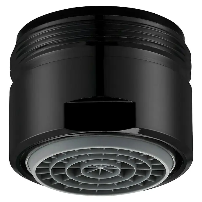 Neoperl Strahlregler Cascade - 30 l/min, Gewinde: M28x1, Schwarz - Schwarzer Schraub-Wasserhahnaufsatz mit grauem Siebeinsatz zur Wasserfilterung.