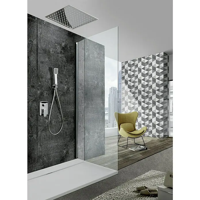 Imex Sistema de ducha empotrado Volga - Con grifo monomando, Cromo - Baño con ducha moderna con rociador de lluvia y teleducha, separada por un panel de vidrio. Decoración elegante con sillón.