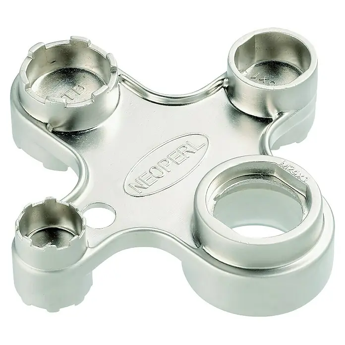 Neoperl Montageschlüssel - Passend für: Armaturen & Duschen - Silbernes Metall-Multitool von Neoperl mit verschiedenen Schlüsselgrößen für die Wasserhahnwartung.