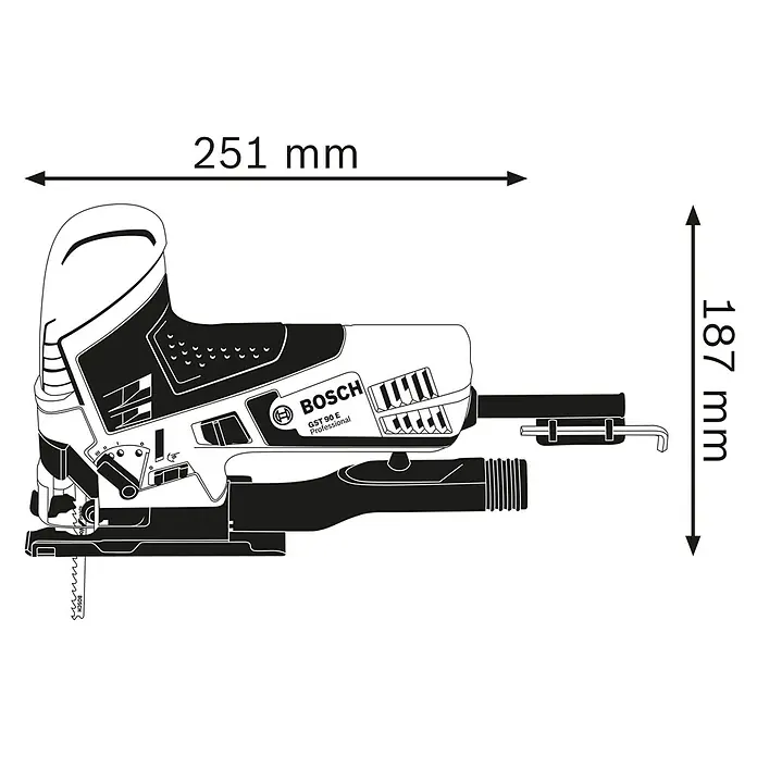 Bosch Professional Elektro-Stichsäge GST 90 E - 500 /min - 3.100 /min - Bosch GST 90 E Professional Stichsäge, schwarz-weiße Abbildung mit Maßen: 251x187mm.