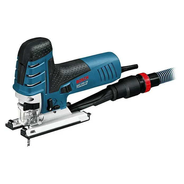 Bosch Professional Elektro-Stichsäge GST 150 CE - 500 /min - 3.100 /min - Blaue und schwarze Bosch GST 150 CE Professional Stichsäge mit Staubabsaugadapter.