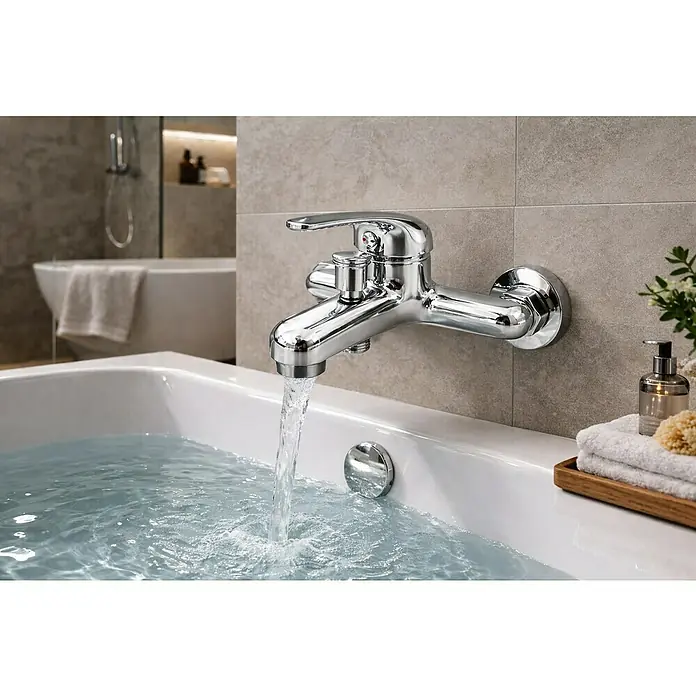 Rousseau Memphis Grifo monomando de bañera - Cromo, Brillante - Un grifo de bañera cromado brillante está montado en una pared de azulejos, llenando activamente una bañera blanca con agua clara.