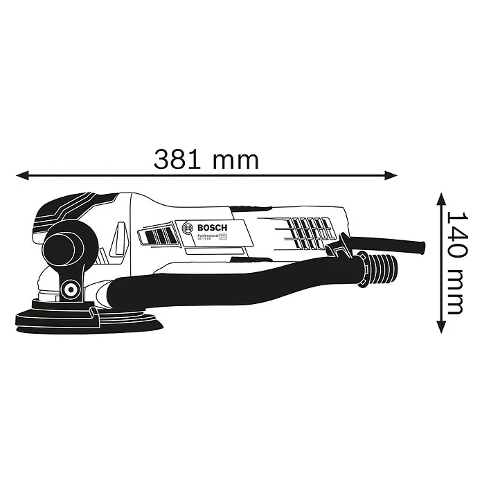 Bosch Professional Elektro-Exzenterschleifer GET 75-150 - 750 W, Durchmesser Schleifteller: 150 mm - Schwarz-weiße Strichzeichnung eines Bosch Exzenterschleifers mit Maßen: 381 mm Länge, 140 mm Höhe.