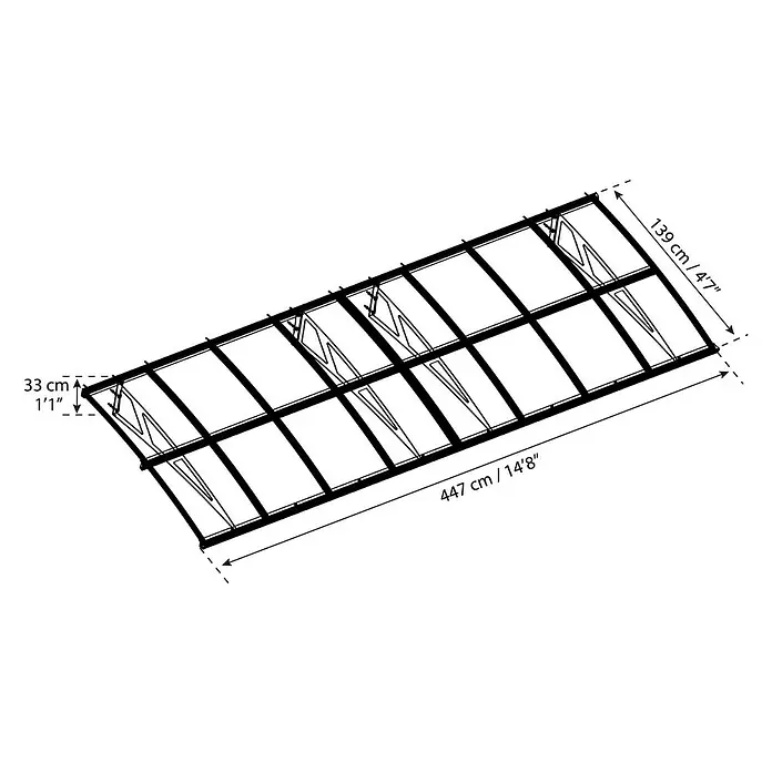 Palram – Canopia Pultvordach Amsterdam - 447 x 139 x 33 cm, Anthrazitgrau - Produktansicht des transparenten Terrassendachs mit Maßangaben. Das Dach besteht aus mehreren Elementen.
