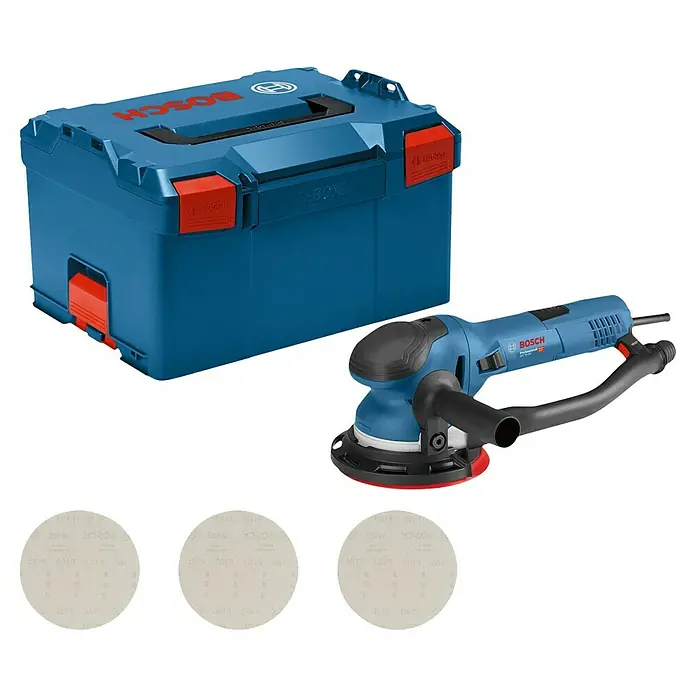 Bosch Professional Elektro-Exzenterschleifer GET 75-150 - 750 W, Durchmesser Schleifteller: 150 mm - Blaue Bosch L-BOXX, Exzenterschleifer und drei Schleifscheiben.