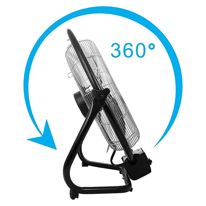PR Klima Ventilador de suelo Speed - 100 W, Plateado/Negro, 45 cm - Un ventilador negro de 360° destacado con una flecha azul que indica su rotación completa, ideal para una circulación de aire integral.