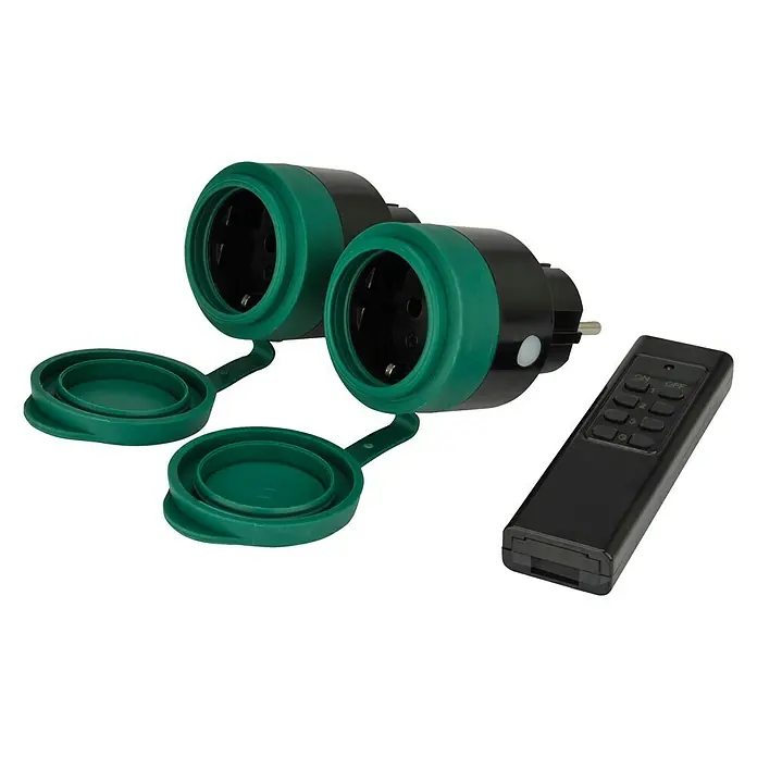 Voltomat Set de enchufes inalámbricos - Para exterior, Alcance: 30 m, Número de receptores: 2 ud., IP44 - Un juego de dos tomas de corriente exteriores negras y verdes con un mando a distancia para uso en el jardín.