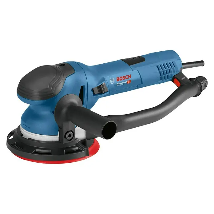 Bosch Professional Elektro-Exzenterschleifer GET 75-150 - 750 W, Durchmesser Schleifteller: 150 mm - Blauer Bosch Professional Exzenterschleifer mit schwarzem Zusatzhandgriff und roter Schleifplatte.
