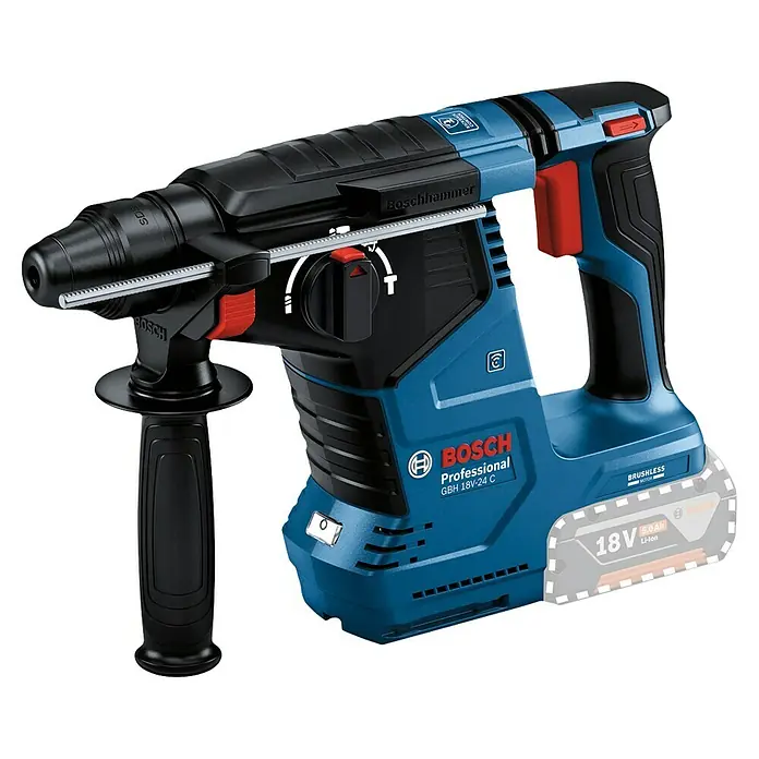 Bosch Professional AMPShare 18V Akku-Kombihammer GBH 18V-24 C - 18 V, Ohne Akku, 2,4 J - Blau-schwarzer Bosch Professional GBH 18V-24 C Akku-Bohrhammer mit SDS-Futter, Zusatzhandgriff und 18V 5.0Ah Li-Ion Akku.