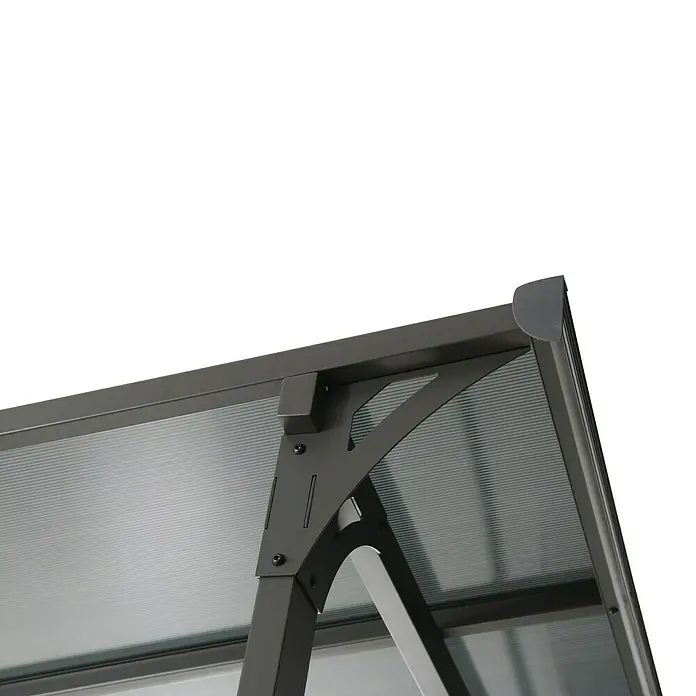 Sunfun Pérgola adosada Chipre - An x Pr: 300 x 300 cm, Antracita, Acero, Color del techo: Antracita - Primer plano de un techo de pabellón con marcos de metal gris y paneles translúcidos, destacando el diseño moderno y las líneas limpias del producto.