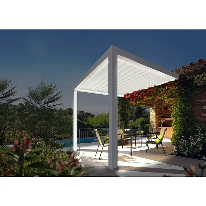 Solid Elements PergolaL x T: 400 x 339 cm, Weiß, Weiß - Moderne Pergola mit verstellbaren Lamellen für optimalen Sonnenschutz und stilvolles Ambiente im Garten oder auf der Terrasse.