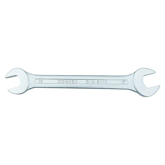 Connex Llave fija de doble boca - Ancho de llave: 16 mm - 17 mm, DIN 3110 - Una llave fija doble Connex DIN 3110, tamaños 16 y 17, ideal para diversas tareas de atornillado en taller y hogar.