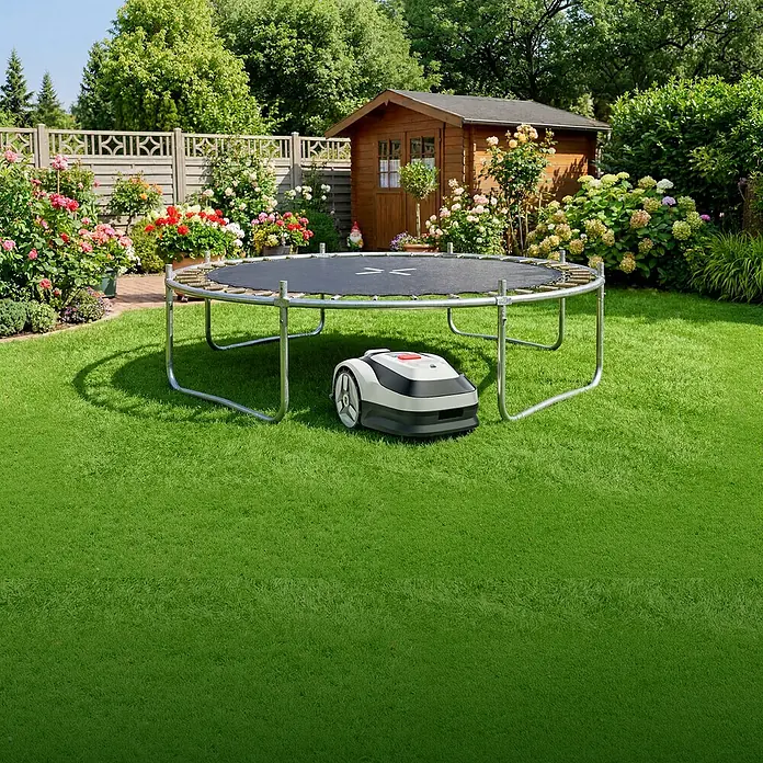 RoboUp Mähroboter Raccoon 2 SE - 600 m², Schnittbreite: 20 cm, Kamera-gestützte Navigation - Ein grau-weißer Mähroboter mit roten Akzenten steht unter einem Trampolin im Garten.