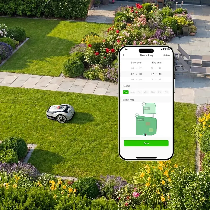 RoboUp Mähroboter Raccoon 2 SE - 600 m², Schnittbreite: 20 cm, Kamera-gestützte Navigation - Ein weiß-grauer Mähroboter pflegt einen grünen Rasen, gesteuert über eine App auf einem Smartphone.