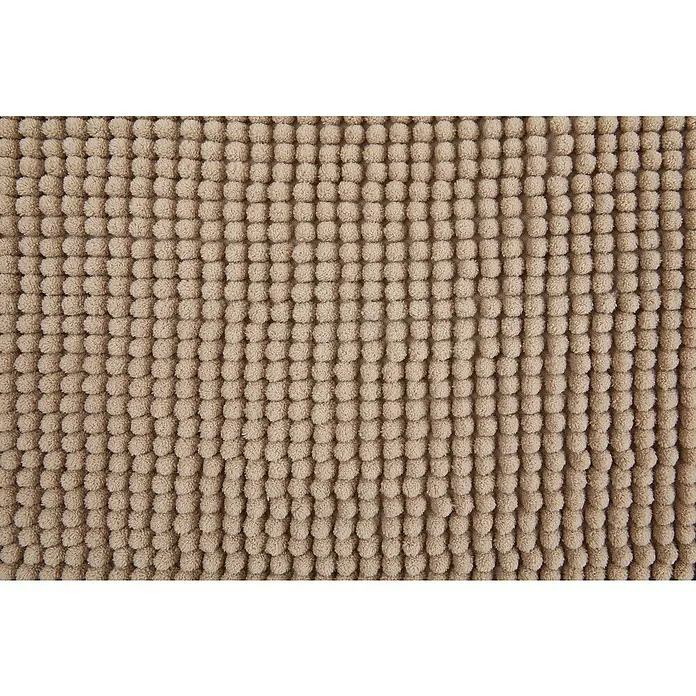 Badteppich Zottel - 50 x 80 cm, Sand, 100% Polyester - Nahaufnahme eines beigen strukturierten Stoffes mit kleinen, dichten, pomponartigen Noppen im Rastermuster, wie ein Badteppich.