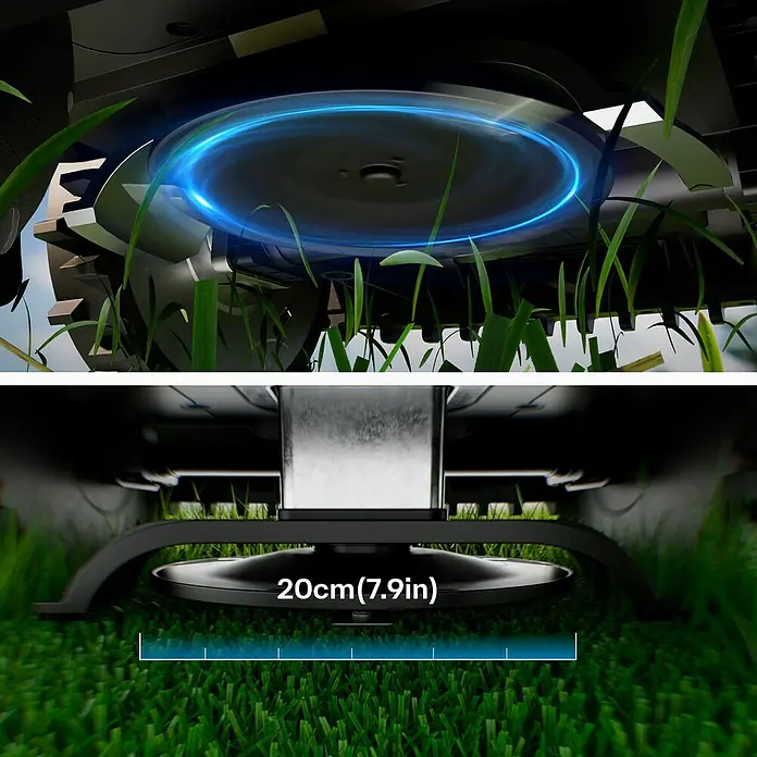 RoboUp Mähroboter Raccoon 2 SE - 600 m², Schnittbreite: 20 cm, Kamera-gestützte Navigation - Nahaufnahme des dunklen Mähroboter-Schneidmessers beim Rasenschnitt. Die Ansicht von unten zeigt eine Schnittbreite von 20 cm (7,9 Zoll).
