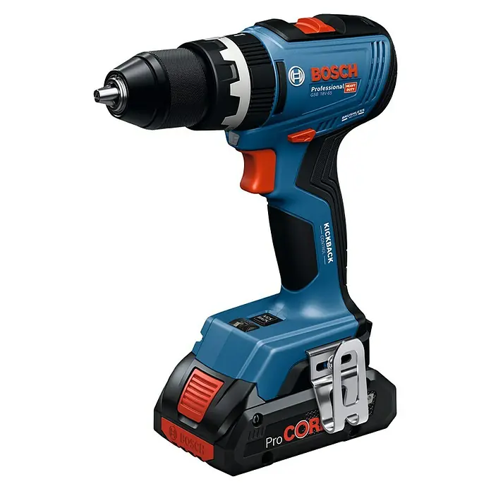 Bosch Professional AMPShare 18V Akku-Schlagbohrschrauber GSB 18V-65 - 18 V, 2 Akkus, 4 Ah, 63 Nm, 2 x 4 Ah Akku, L-BOXX 136 - Blauer und schwarzer Bosch GSB 18V-6S Akku-Schlagbohrschrauber mit ProCORE 18V Akku und Gürtelclip.