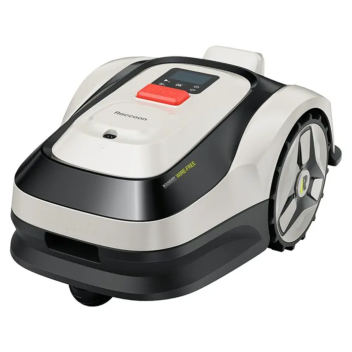 RoboUp Mähroboter Raccoon 2 SE - 600 m², Schnittbreite: 20 cm, Kamera-gestützte Navigation - Weißer und dunkelgrauer Rasenroboter mit Digitalanzeige, rotem STOP-Knopf und großen Rädern mit gelbem 'R'-Logo.
