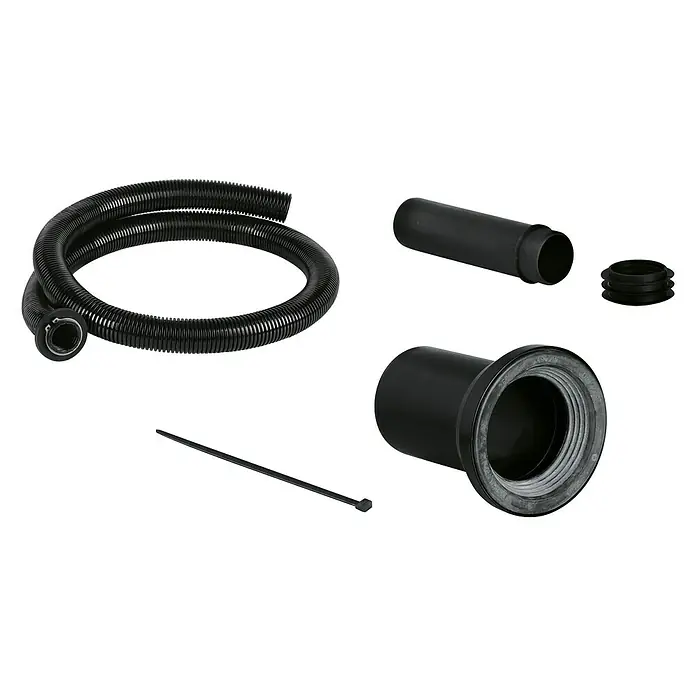 Grohe Umrüst-Set - Passend für: Grohe Dusch-WC Sensia Arena - Das Bild zeigt ein Waschbecken-Ablaufrohr-Set in Schwarz, bestehend aus einem flexiblen Schlauch, Rohren und einer Dichtung, inklusive Kabelbinder.