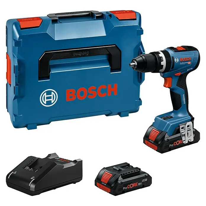 Bosch Professional AMPShare 18V Akku-Schlagbohrschrauber GSB 18V-65 - 18 V, 2 Akkus, 4 Ah, 63 Nm, 2 x 4 Ah Akku, L-BOXX 136 - Blaues Bosch Akku-Bohrschrauber-Set mit zwei Batterien, Ladegerät und blauem Koffer.