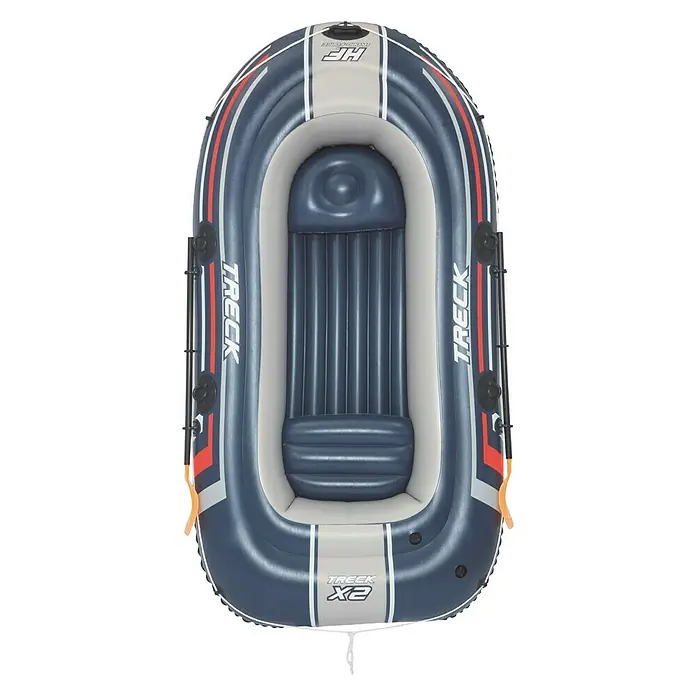 Bestway Hydro Force Bote hinchable Treck 250 - L x An x Al: 2,55 m x 1,27 m x 41 cm, Apto para: 2 personas, Carga útil: 255 kg - Vista aérea de una balsa inflable Treck X2, ideal para actividades acuáticas recreativas. La balsa es azul con detalles grises.
